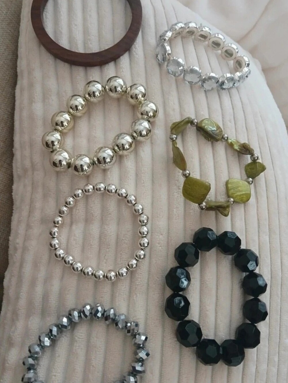 Mixed Bead Stretch Bracelets - Silver, Black & Olive Green